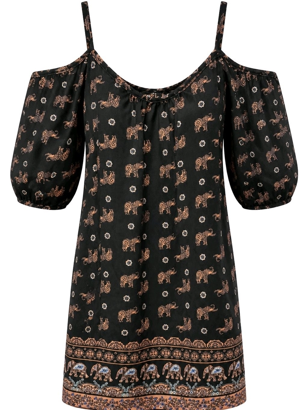 Boho Elephant Print Cold Shoulder Mini Dress - Size Medium 1043